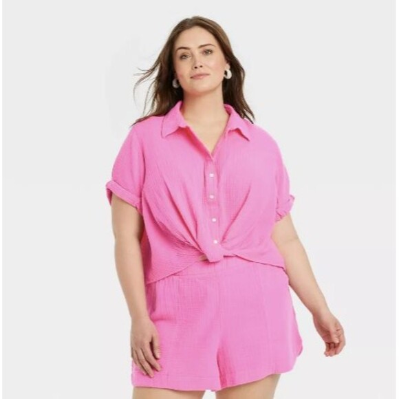 Universal Thread Short Sleeve Gauze Cotton Twist-Front Button Shirt XL Pink - Picture 1 of 7